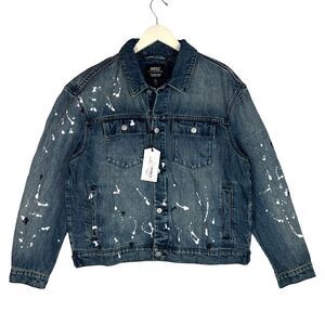 Men WeSC Classic Casual Jacket White Paint Splatter Blue Denim MSRP $220